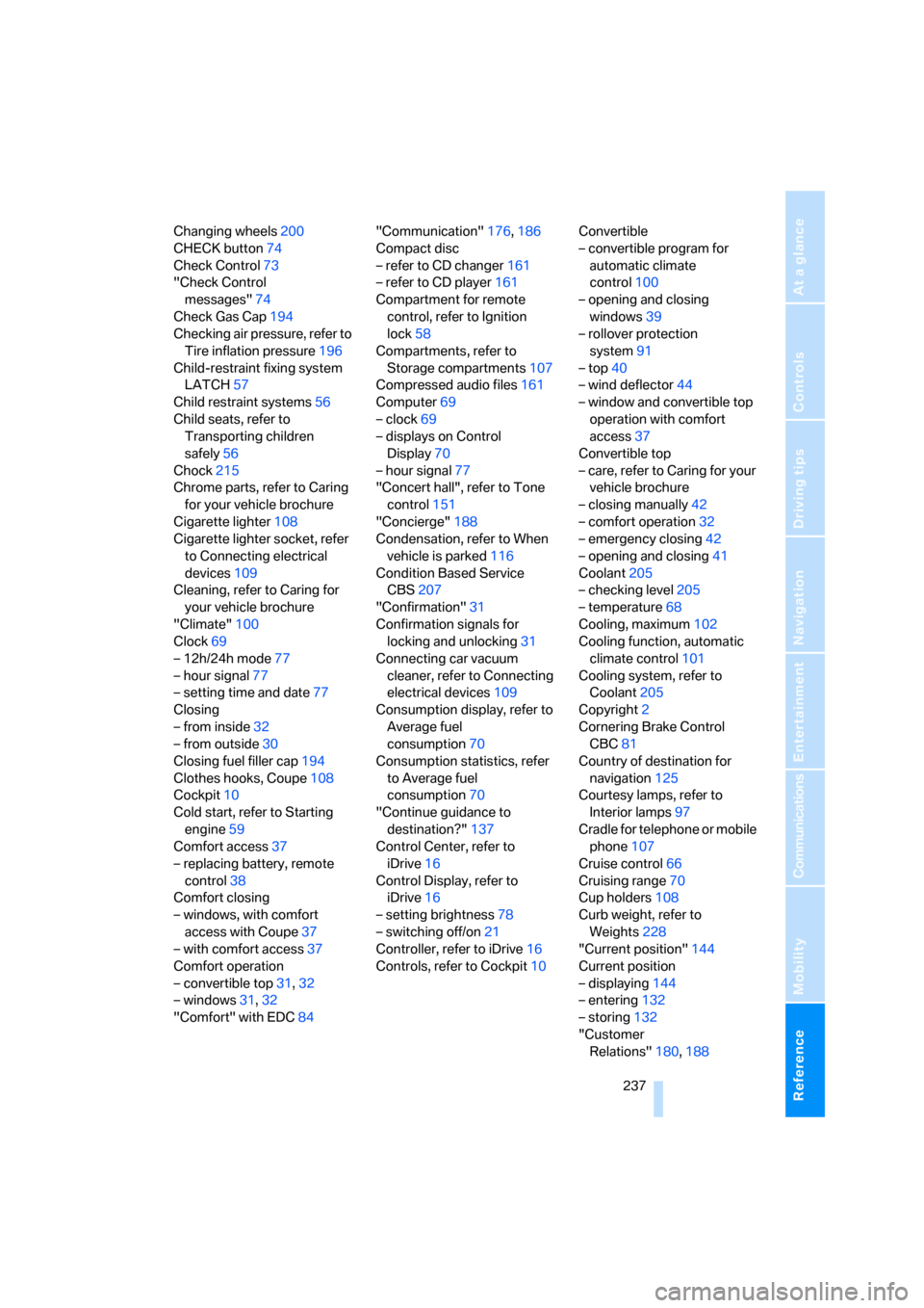 BMW M6 CONVERTIBLE 2007 E64 Owners Manual Reference 237
At a glance
Controls
Driving tips
Communications
Navigation
Entertainment
Mobility
Changing wheels200
CHECK button74
Check Control73
"Check Control 
messages"74
Check Gas Cap194
Checking