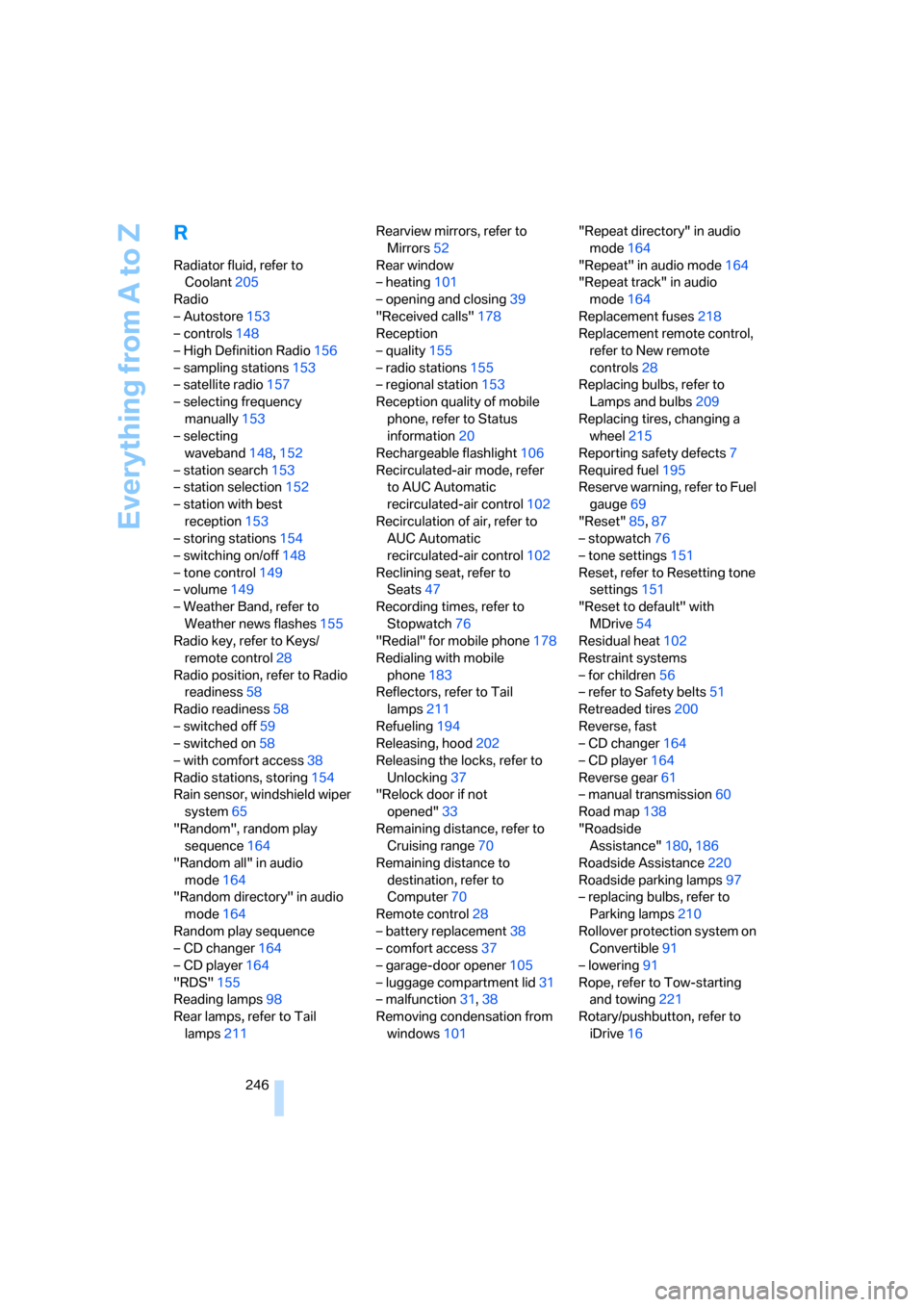 BMW M6 CONVERTIBLE 2007 E64 Manual Online Everything from A to Z
246
R
Radiator fluid, refer to 
Coolant205
Radio
– Autostore153
– controls148
– High Definition Radio156
– sampling stations153
– satellite radio157
– selecting freq