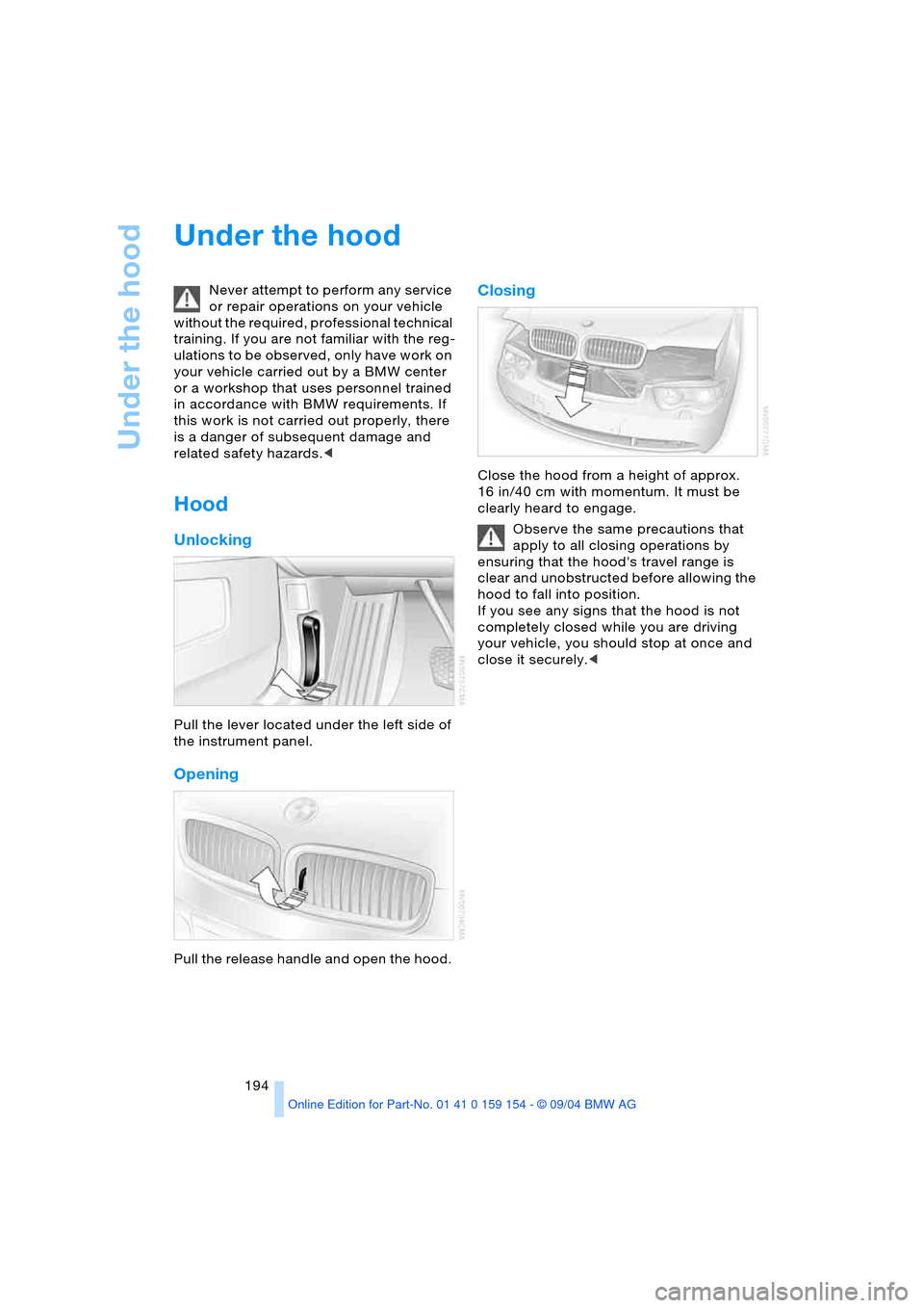 BMW 745Li 2005 E66 Owners Manual Under the hood
194
Under the hood 
Never attempt to perform any service 
or repair operations on your vehicle 
without the required, professional technical 
training. If you are not familiar with the 