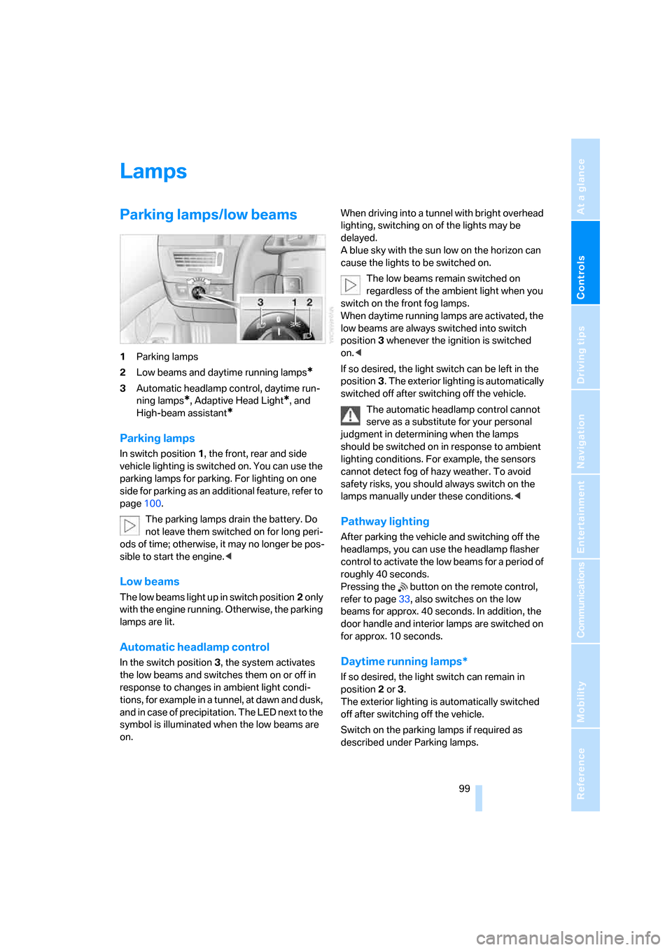 BMW 745i 2006 E65 User Guide Controls
 99Reference
At a glance
Driving tips
Communications
Navigation
Entertainment
Mobility
Lamps
Parking lamps/low beams
1Parking lamps
2Low beams and daytime running lamps
*
3Automatic headlamp 