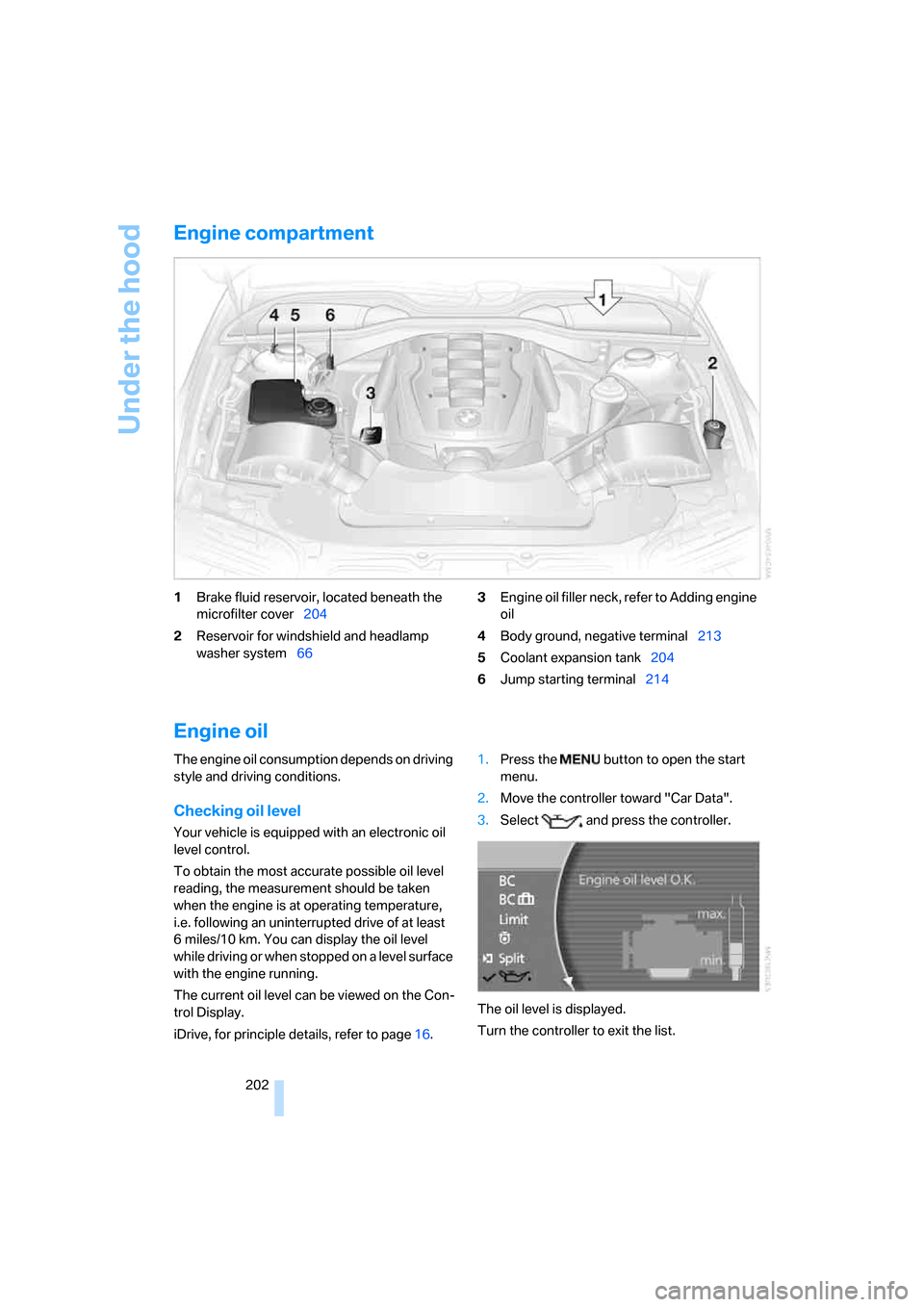 BMW 760Li 2006 E66 Owners Manual Under the hood
202
Engine compartment
1Brake fluid reservoir, located beneath the 
microfilter cover204
2Reservoir for windshield and headlamp 
washer system663Engine oil filler neck, refer to Adding 