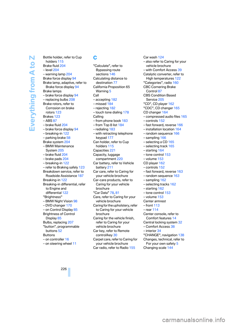BMW 760Li 2006 E66 User Guide Everything from A to Z
226 Bottle holder, refer to Cup 
holders115
Brake fluid204
– level204
– warning lamp204
Brake force display94
Brake lamp, adaptive, refer to 
Brake force display94
Brake lam