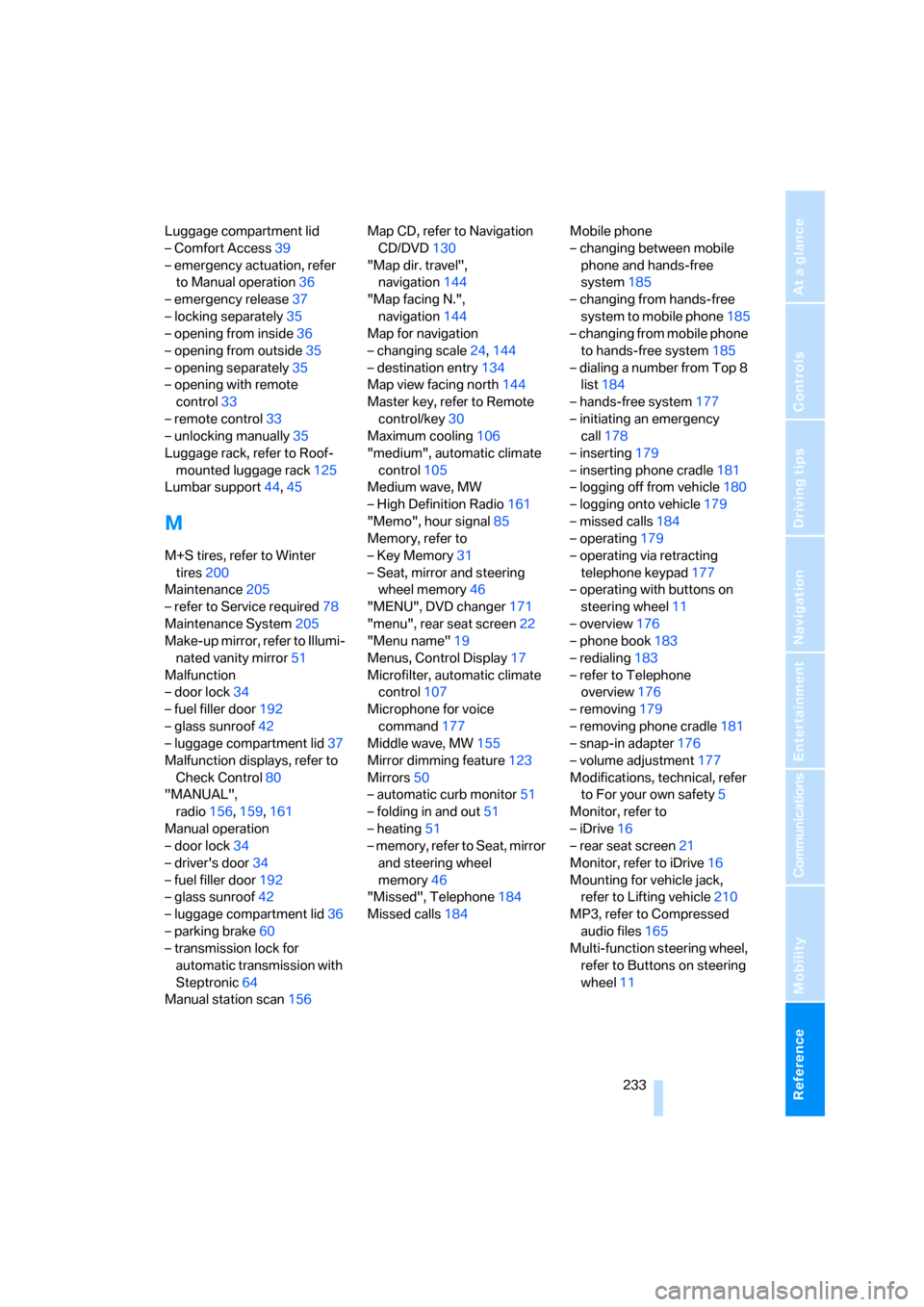 BMW 760Li 2006 E66 Owners Manual Reference 233
At a glance
Controls
Driving tips
Communications
Navigation
Entertainment
Mobility
Luggage compartment lid
– Comfort Access39
– emergency actuation, refer 
to Manual operation36
– 