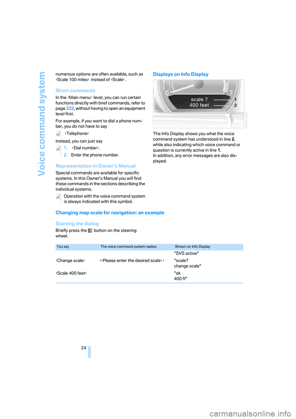 BMW 760i 2006 E65 Owners Manual Voice command system
24 numerous options are often available, such as 
{Scale 100 miles} instead of {Scale}.
Short commands
In the {Main menu} level, you can run certain 
functions directly with brief