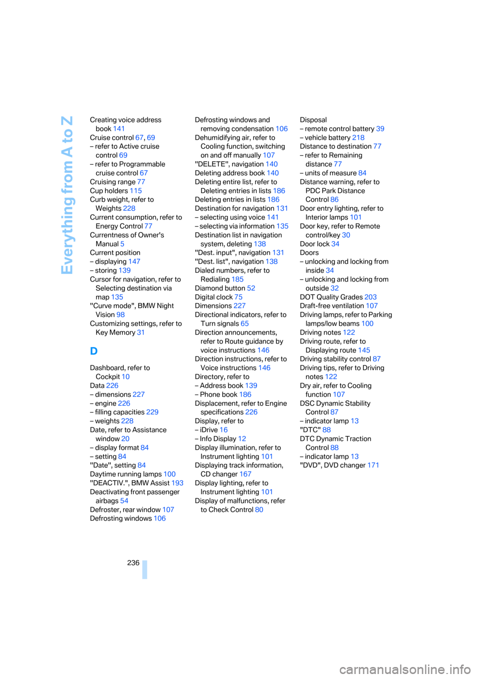 BMW 760I 2007 E65 Owners Manual Everything from A to Z
236 Creating voice address 
book141
Cruise control67,69
– refer to Active cruise 
control69
– refer to Programmable 
cruise control67
Cruising range77
Cup holders115
Curb we