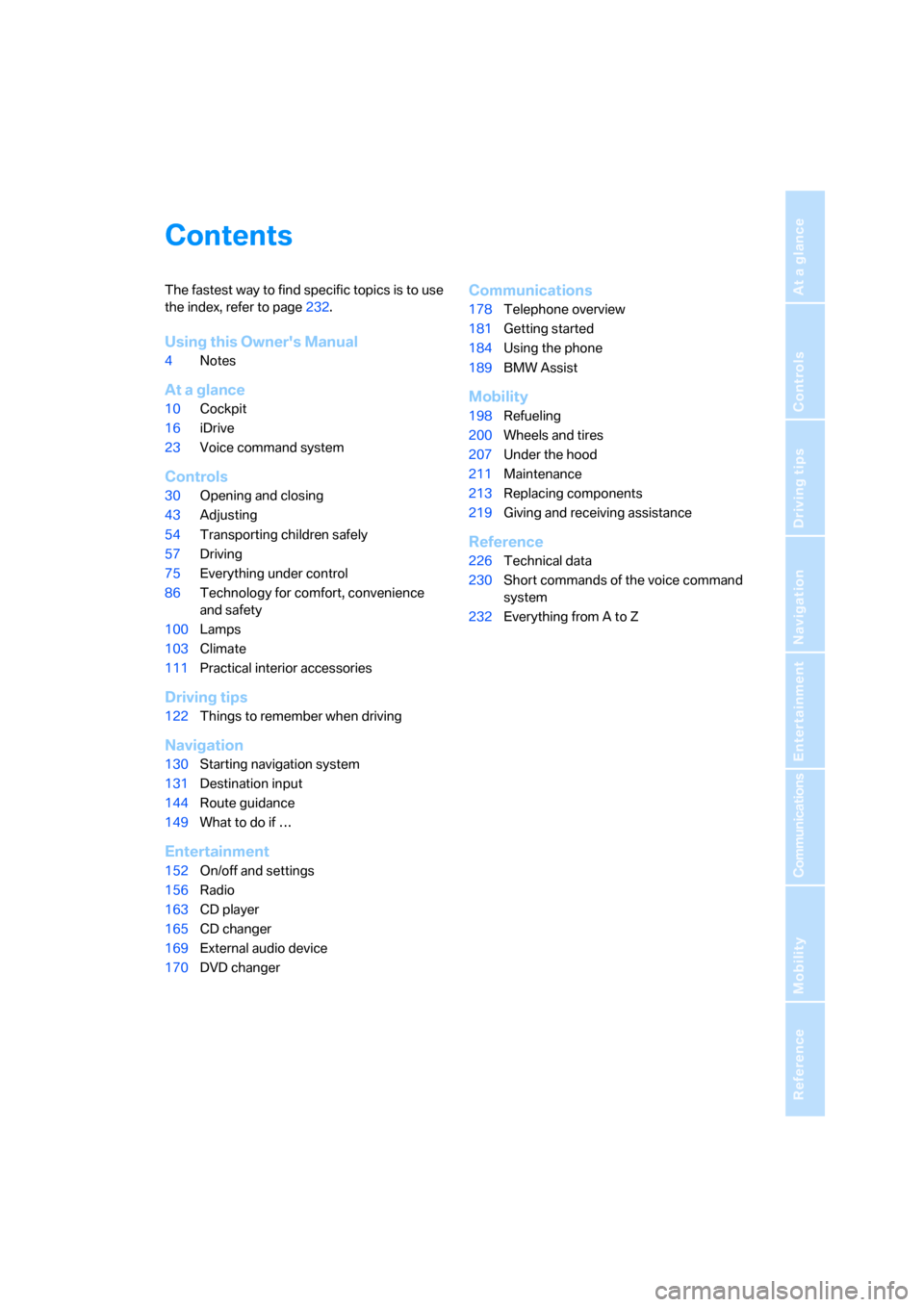 BMW 760LI 2008 E66 Owners Manual Reference
At a glance
Controls
Driving tips
Communications
Navigation
Entertainment
Mobility
Contents
The fastest way to find specific topics is to use 
the index, refer to page232.
Using this Owners