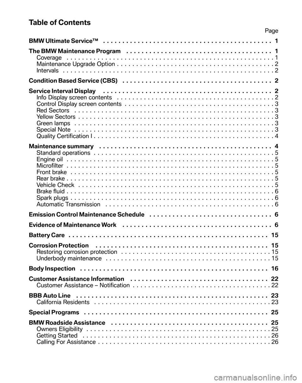 BMW 7 SERIES 2008 E65 Service and warranty information Table of Contents
Page 
BMW Ultimate Service™  ............................................ 1 
The BMW Maintenance Program  ...................................... 1 
Coverage .......................