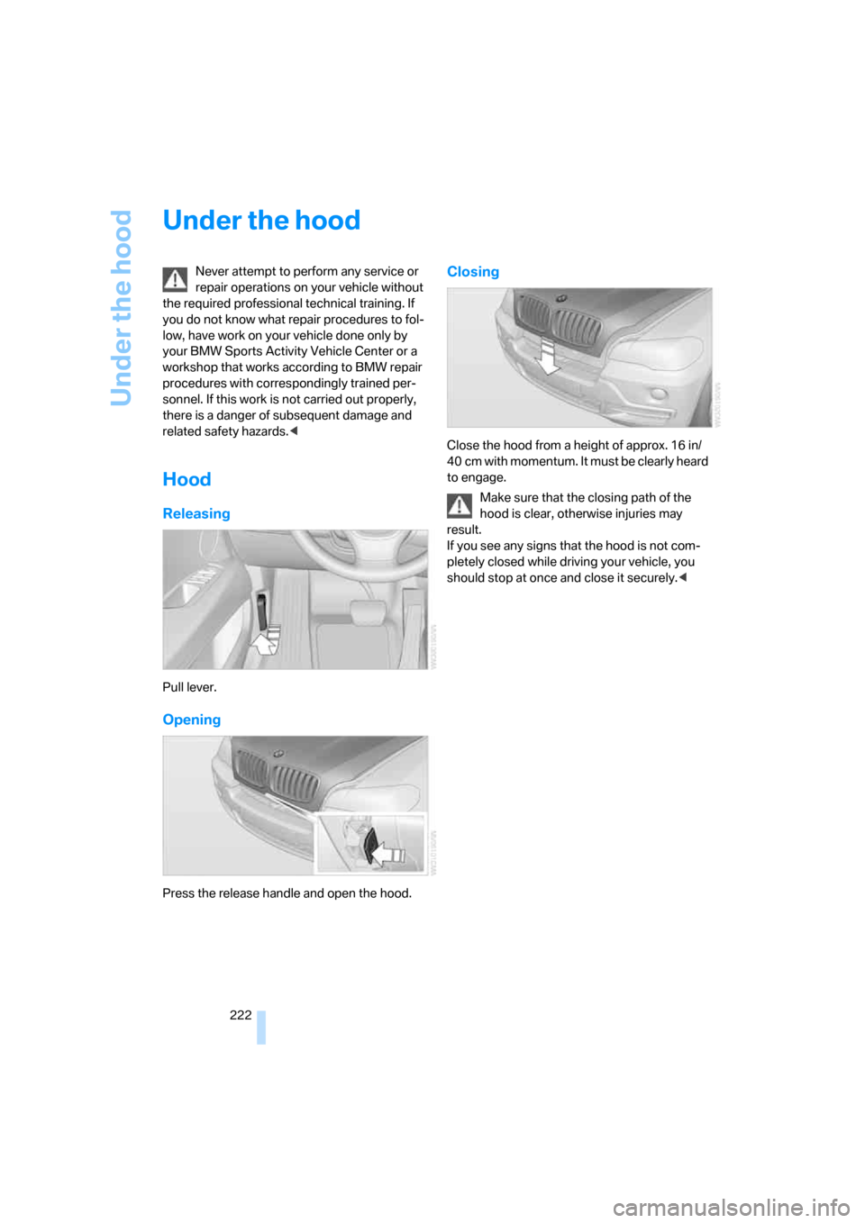 BMW X5 4.8I 2007 E70 Repair Manual Under the hood
222
Under the hood
Never attempt to perform any service or
repair operations on your vehicle without
the required professional technical training. If
you do not know what repair proc BMW X5 4.8I 2007 E70 Repair Manual Under the hood
222
Under the hood
Never attempt to perform any service or
repair operations on your vehicle without
the required professional technical training. If
you do not know what repair proc
