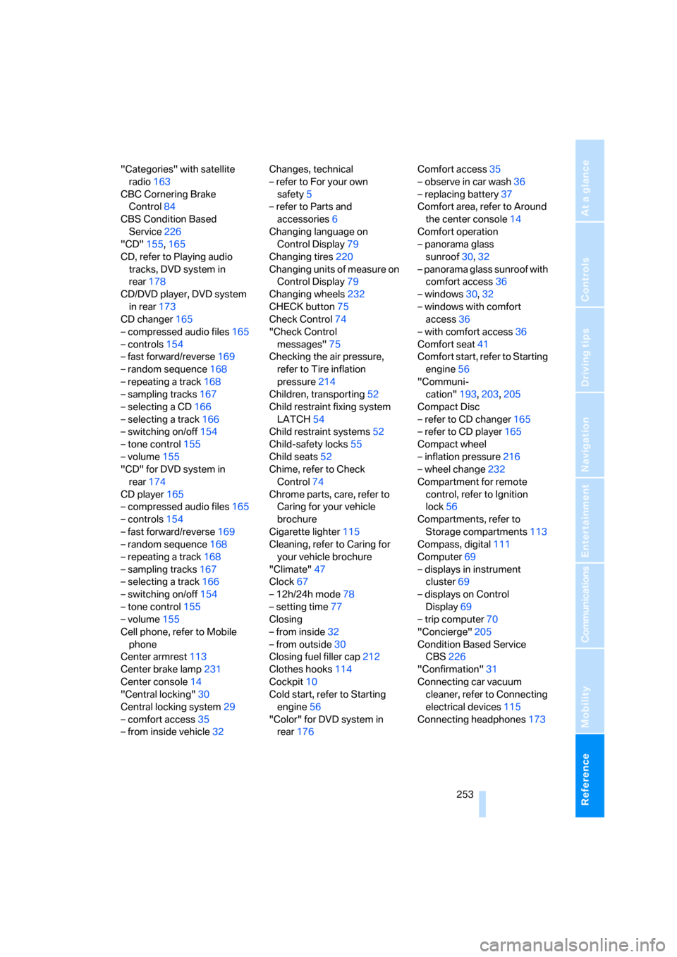 BMW X5 3.0I 2007 E70 Owners Manual Reference 253
At a glance
Controls
Driving tips
Communications
Navigation
Entertainment
Mobility
"Categories" with satellite 
radio163
CBC Cornering Brake 
Control84
CBS Condition Based 
Service226
"C