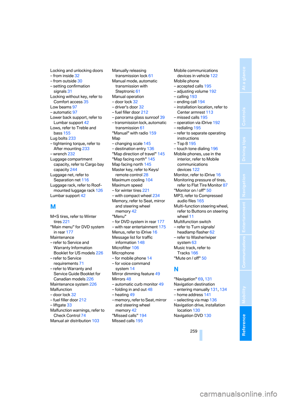BMW X5 3.0I 2007 E70 Owners Manual Reference 259
At a glance
Controls
Driving tips
Communications
Navigation
Entertainment
Mobility
Locking and unlocking doors
– from inside32
– from outside30
– setting confirmation 
signals31
Lo