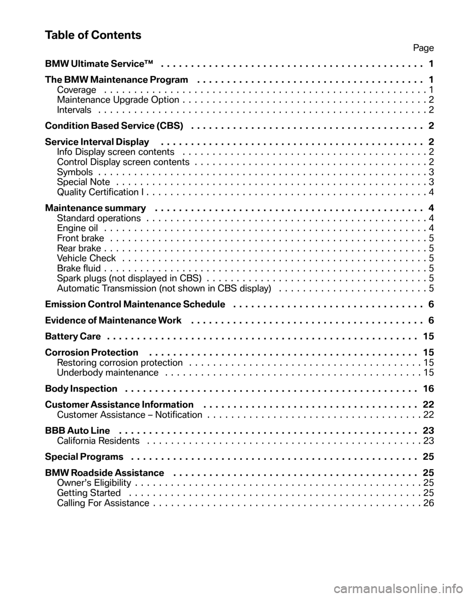 BMW X5 2008 E70 Service and warranty information Table of Contents
Page 
BMW Ultimate Service™  ............................................ 1 
The BMW Maintenance Program  ...................................... 1 
Coverage .......................