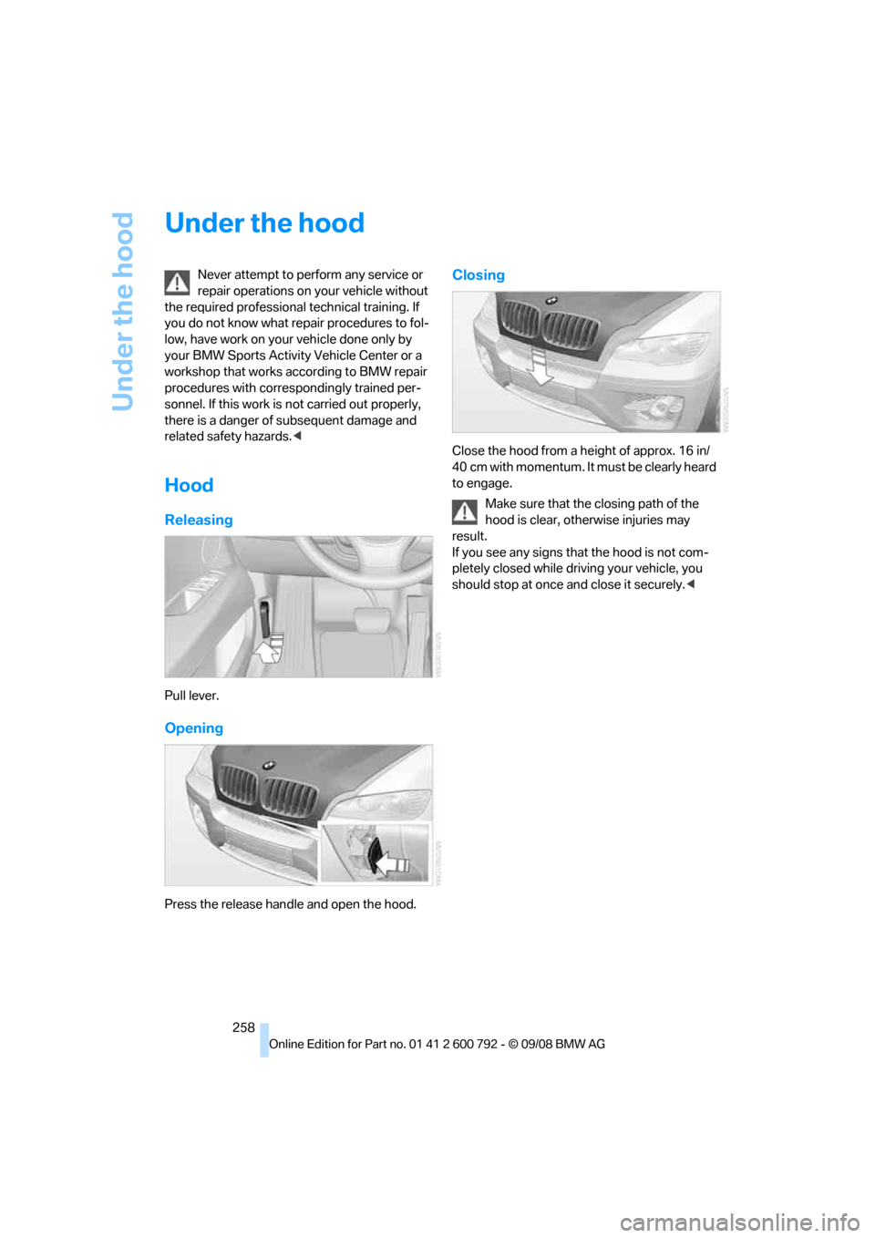 BMW X6M 2009 E71 Owners Manual Under the hood
258
Under the hood
Never attempt to perform any service or 
repair operations on your vehicle without 
the required professional  technical training. If 
you do not know what re pair pr