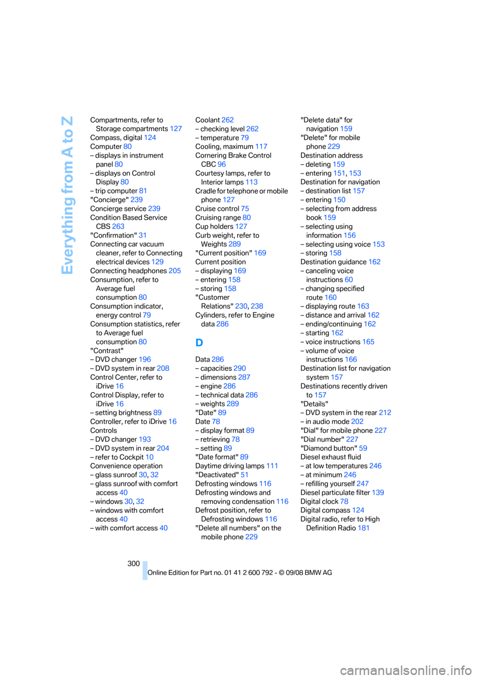 BMW X6 XDRIVE 50I 2009 E71 Repair Manual Everything from A to Z
300
Compartments, refer to 
Storage compartments 127
Compass, digital 124
Computer 80
– displays in instrument 
panel 80
– displays on Control  Display 80
– trip computer 