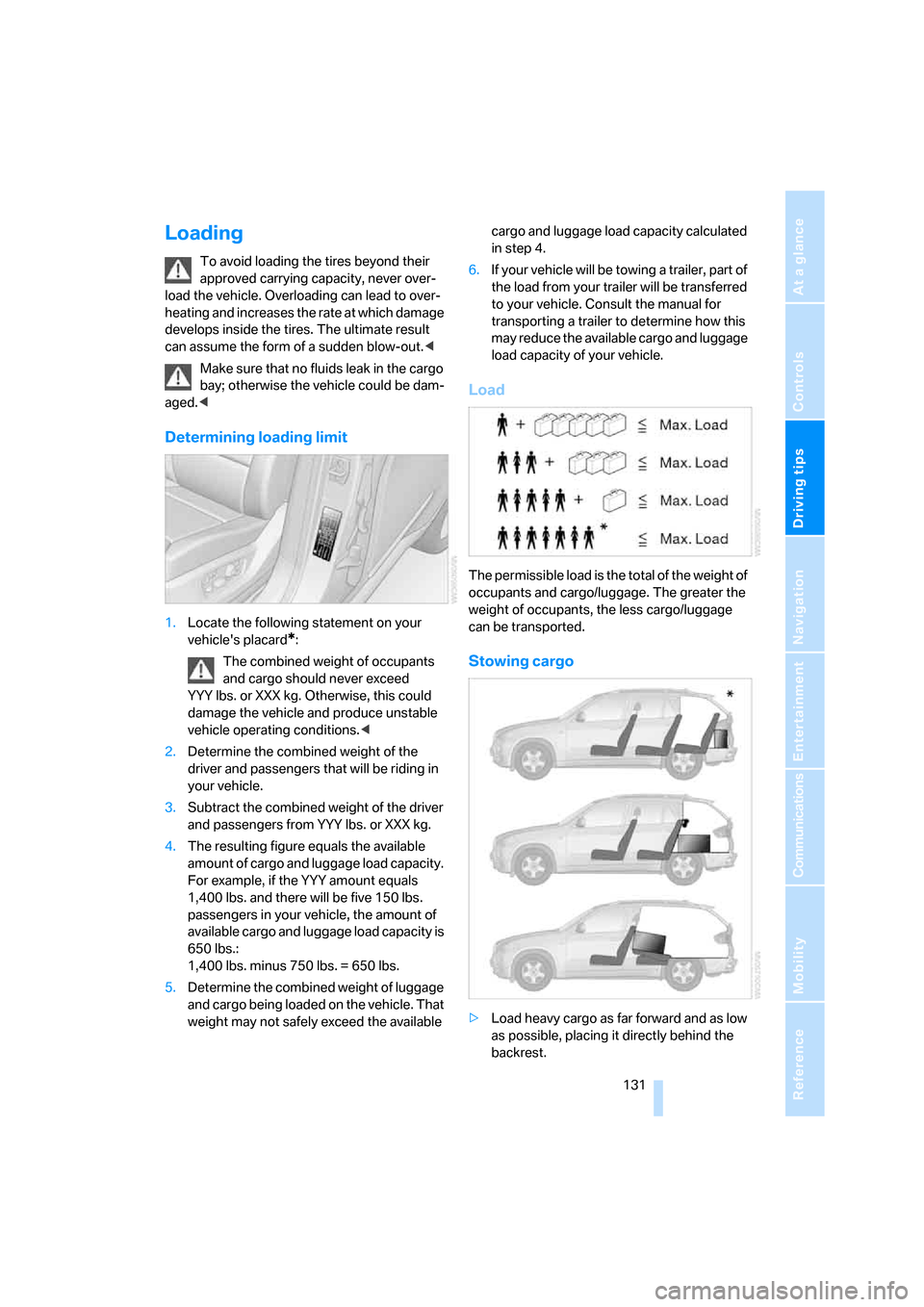 BMW X5 3.0Si 2008 E70 Owners Manual Driving tips
 131Reference
At a glance
Controls
Communications
Navigation
Entertainment
Mobility
Loading
To avoid loading the tires beyond their 
approved carrying capacity, never over-
load the vehic