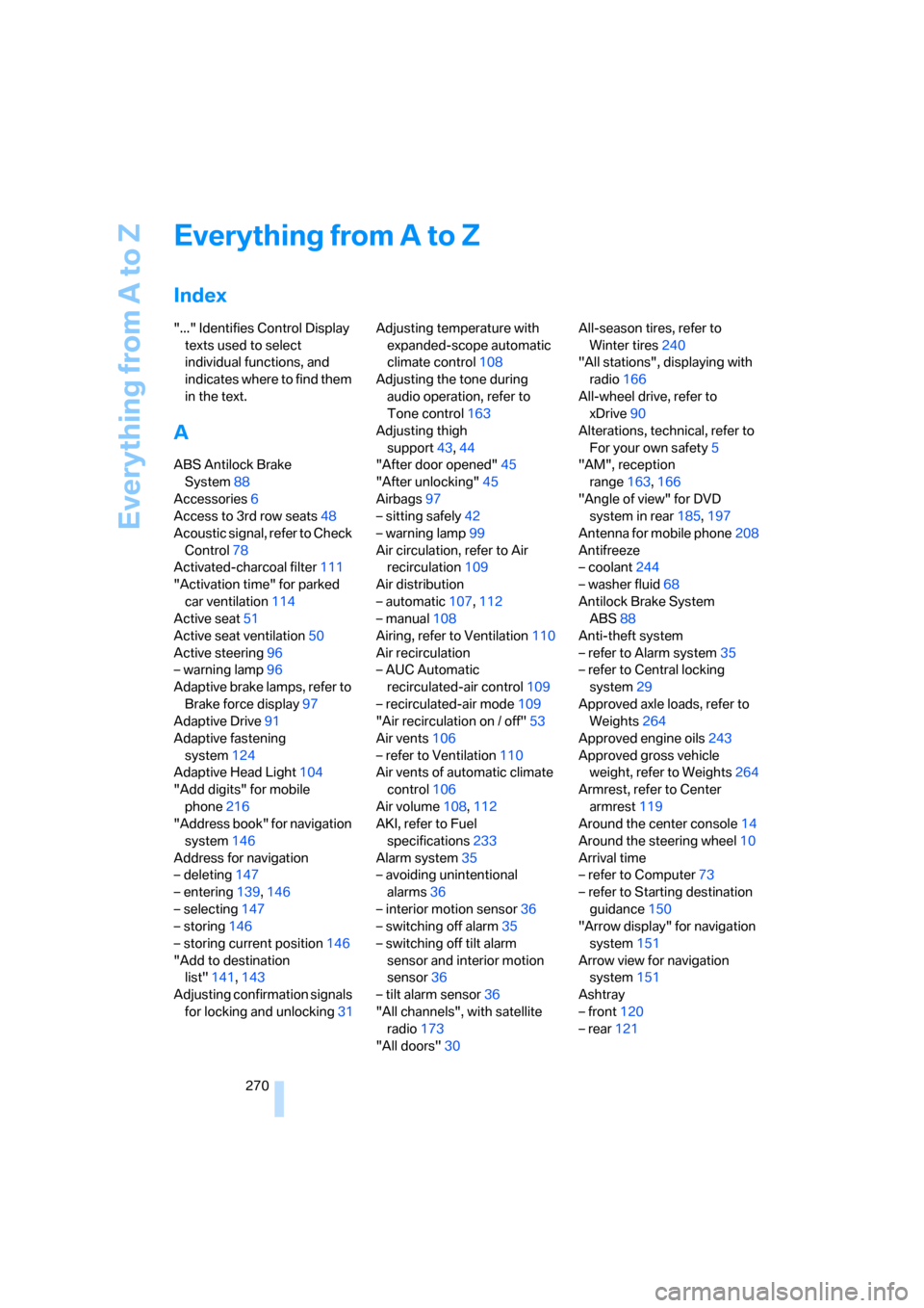 BMW X5 3.0Si 2008 E70 Owners Manual Everything from A to Z
270
Everything from A to Z
Index
"..." Identifies Control Display 
texts used to select 
individual functions, and 
indicates where to find them 
in the text.
A
ABS Antilock Bra