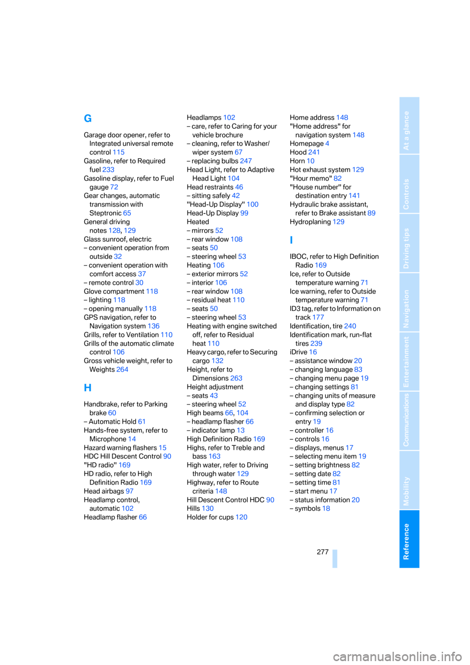 BMW X5 4.8I 2008 E70 Owners Manual Reference 277
At a glance
Controls
Driving tips
Communications
Navigation
Entertainment
Mobility
G
Garage door opener, refer to 
Integrated universal remote 
control115
Gasoline, refer to Required 
fu