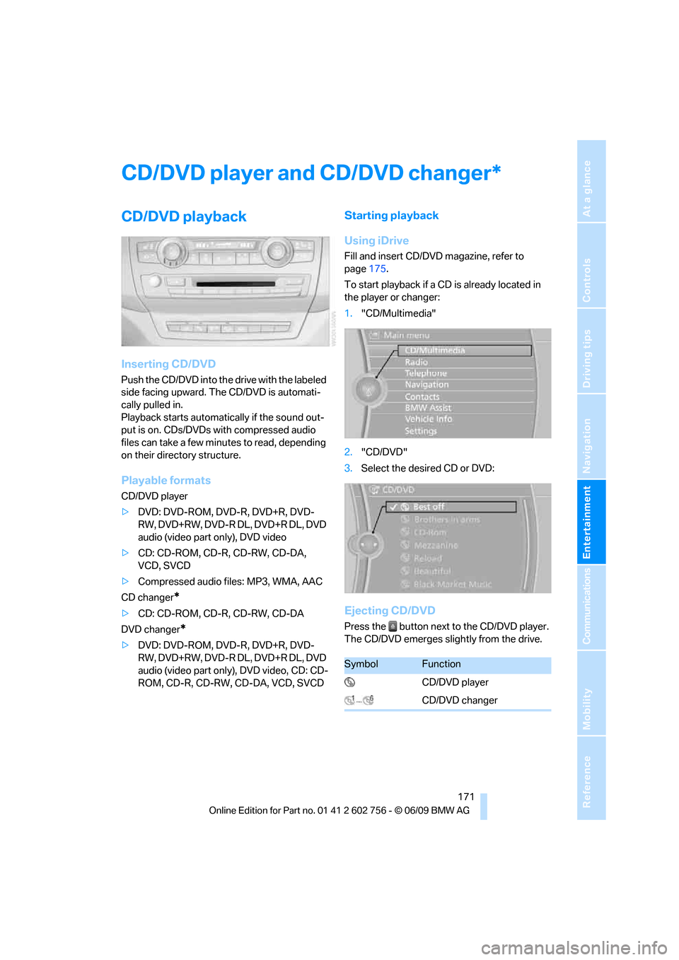 BMW X6 XDRIVE 50I 2010 E71 Owners Manual Navigation
Entertainment
Driving tips
 171Reference
At a glance
Controls
Communications
Mobility
CD/DVD player and CD/DVD changer
CD/DVD playback
Inserting CD/DVD
Push the CD/DVD into the drive with t