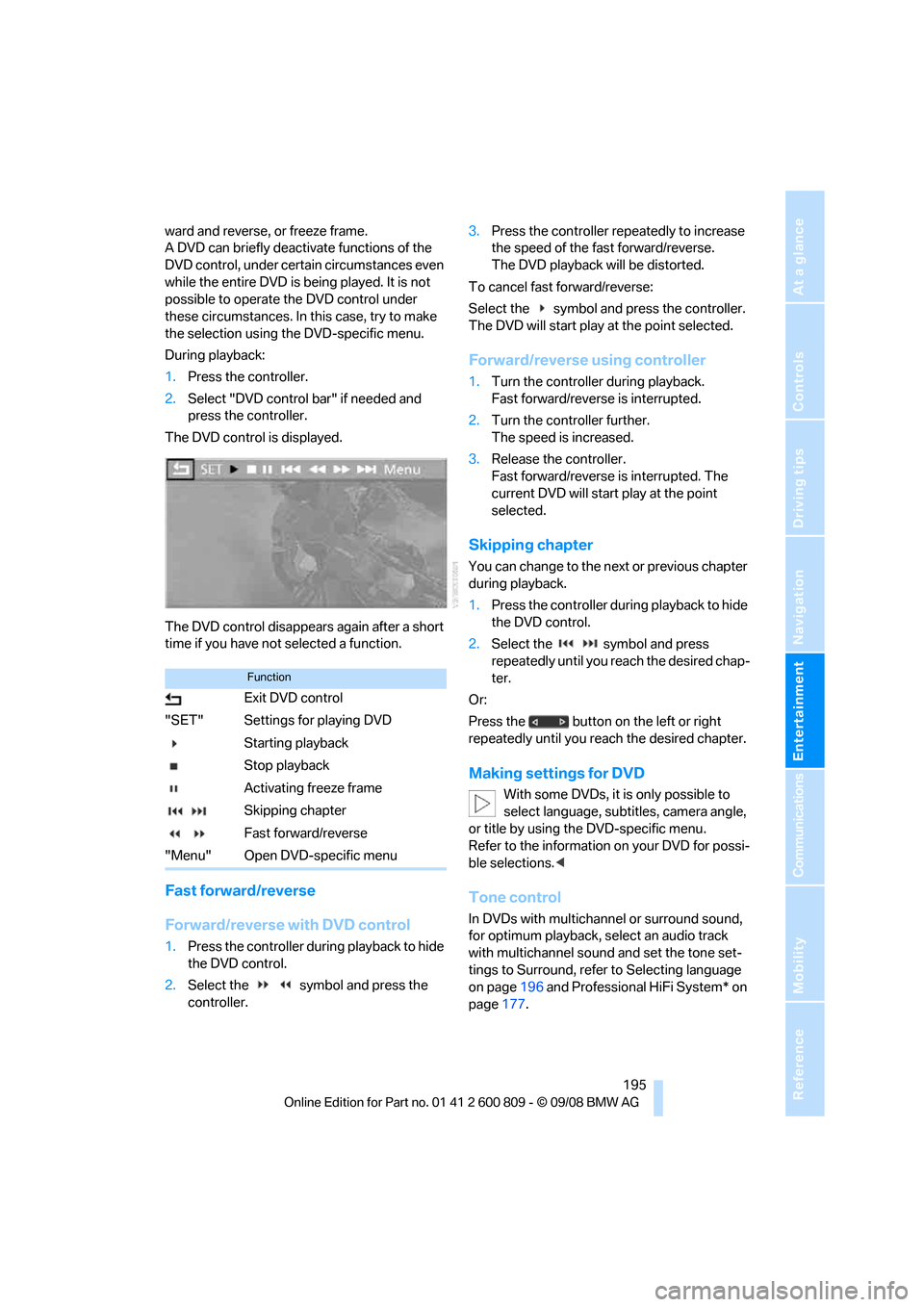 BMW X6 XDRIVE 2009 E71 Owners Manual Navigation
Entertainment
Driving tips
 195Reference
At a glance
Controls
Communications
Mobility
ward and reverse, or freeze frame.
A DVD can briefly deactivate functions of the 
DVD control, under ce