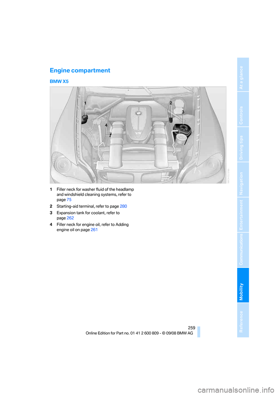 BMW X6 XDRIVE 2009 E71 Owners Manual Mobility
 259Reference
At a glance
Controls
Driving tips
Communications
Navigation
Entertainment
Engine compartment
BMW X5
1Filler neck for washer  fluid of the headlamp 
and windshield cleaning syste