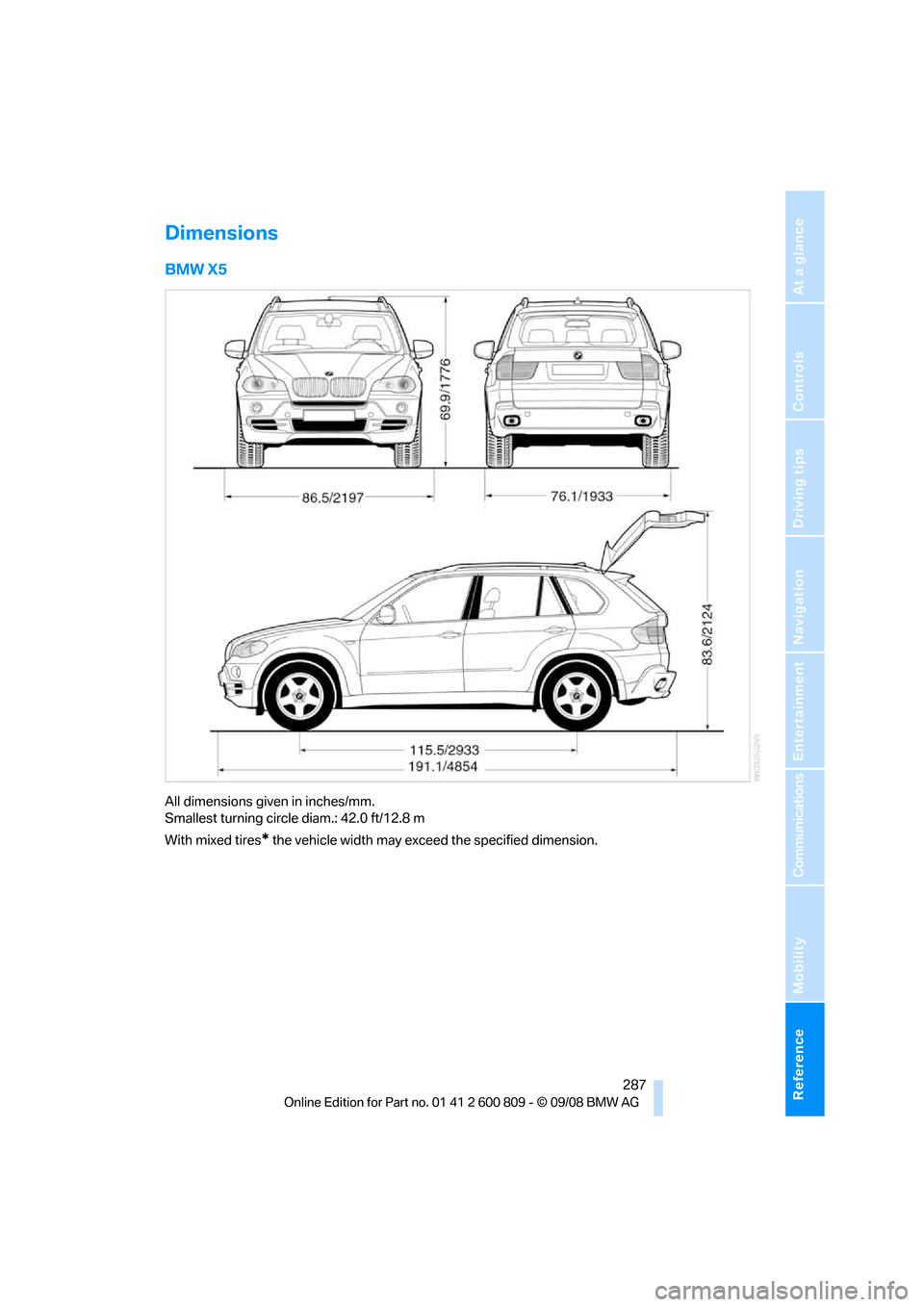 BMW X6 XDRIVE 2009 E71 Owners Manual Reference 287
At a glance
Controls
Driving tips
Communications
Navigation
Entertainment
Mobility
Dimensions
BMW X5
All dimensions given in inches/mm.
Smallest turning circle diam.: 42.0 ft/12.8 m
Wit BMW X6 XDRIVE 2009 E71 Owners Manual Reference 287
At a glance
Controls
Driving tips
Communications
Navigation
Entertainment
Mobility
Dimensions
BMW X5
All dimensions given in inches/mm.
Smallest turning circle diam.: 42.0 ft/12.8 m
Wit