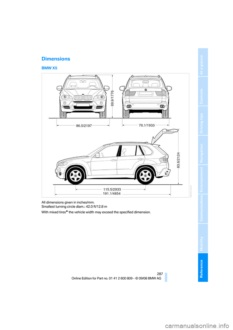 BMW X6 XDRIVE 2009 E71 Owners Manual Reference 287
At a glance
Controls
Driving tips
Communications
Navigation
Entertainment
Mobility
Dimensions
BMW X5
All dimensions given in inches/mm. 
Smallest turning circle diam.: 42.0 ft/12.8 m
Wit