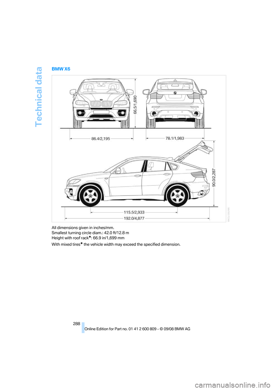 BMW X6 XDRIVE 2009 E71 Owners Manual Technical data
288
BMW X6
All dimensions given in inches/mm.
Smallest turning circle diam.: 42.0 ft/12.8 m
Height with roof rack
*: 66.9 in/1,699 mm
With mixed tires
* the vehicle width may exceed th BMW X6 XDRIVE 2009 E71 Owners Manual Technical data
288
BMW X6
All dimensions given in inches/mm.
Smallest turning circle diam.: 42.0 ft/12.8 m
Height with roof rack
*: 66.9 in/1,699 mm
With mixed tires
* the vehicle width may exceed th