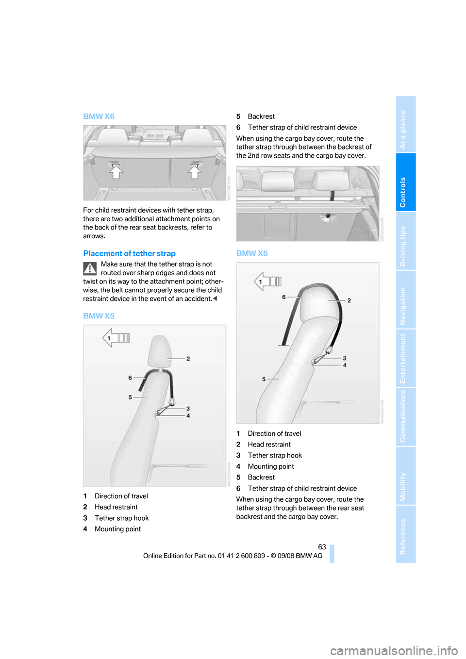 BMW X6 XDRIVE 2009 E71 Repair Manual Controls
 63Reference
At a glance
Driving tips
Communications
Navigation
Entertainment
Mobility
BMW X6
For child restraint devices with tether strap, 
there are two additional attachment points on 
th