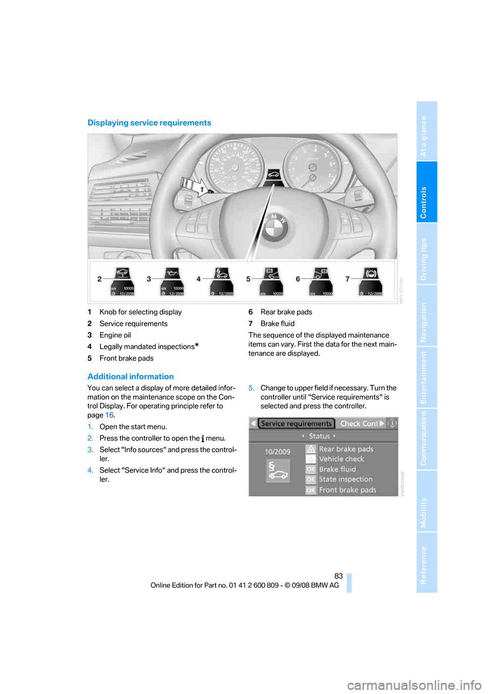 BMW X6 XDRIVE 2009 E71 Owners Manual Controls
 83Reference
At a glance
Driving tips
Communications
Navigation
Entertainment
Mobility
Displaying service requirements
1Knob for selecting display
2 Service requirements
3 Engine oil
4 Legall