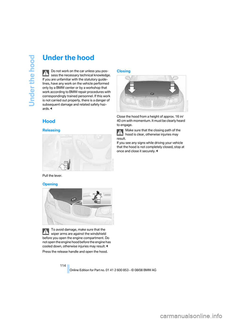 BMW 135I 2009 E81 Owners Manual Under the hood
114
Under the hood
Do not work on the car unless you pos-
sess the necessary technical knowledge. 
If you are unfamiliar with the statutory guide-
lines, have any work on the vehicle pe