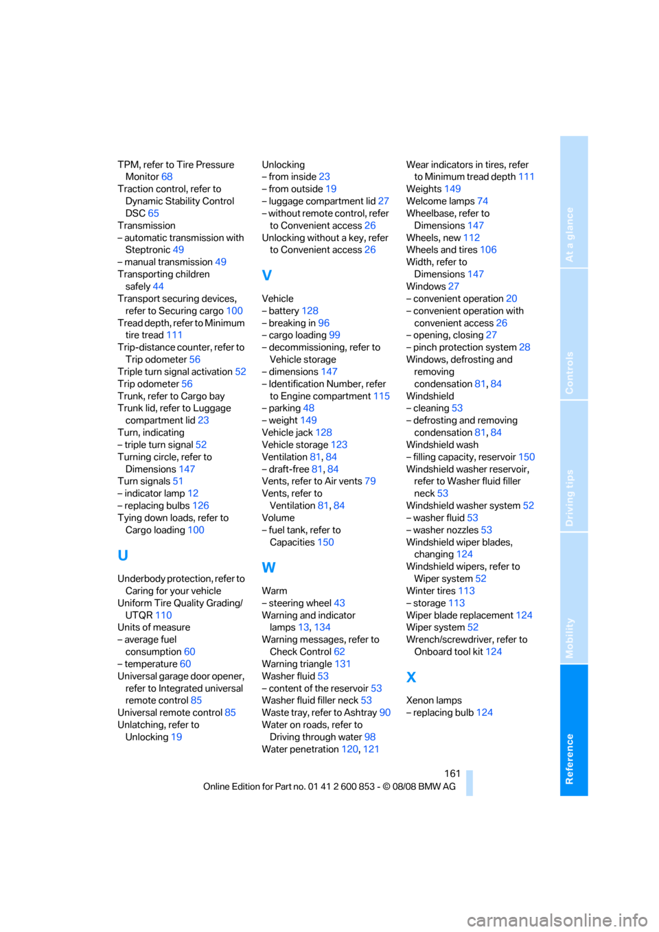 BMW 128I 2009 E81 Owners Guide Reference
At a glance
Controls
Driving tips
Mobility
 161
TPM, refer to Tire Pressure 
Monitor68
Traction control, refer to 
Dynamic Stability Control 
DSC65
Transmission
– automatic transmission wi