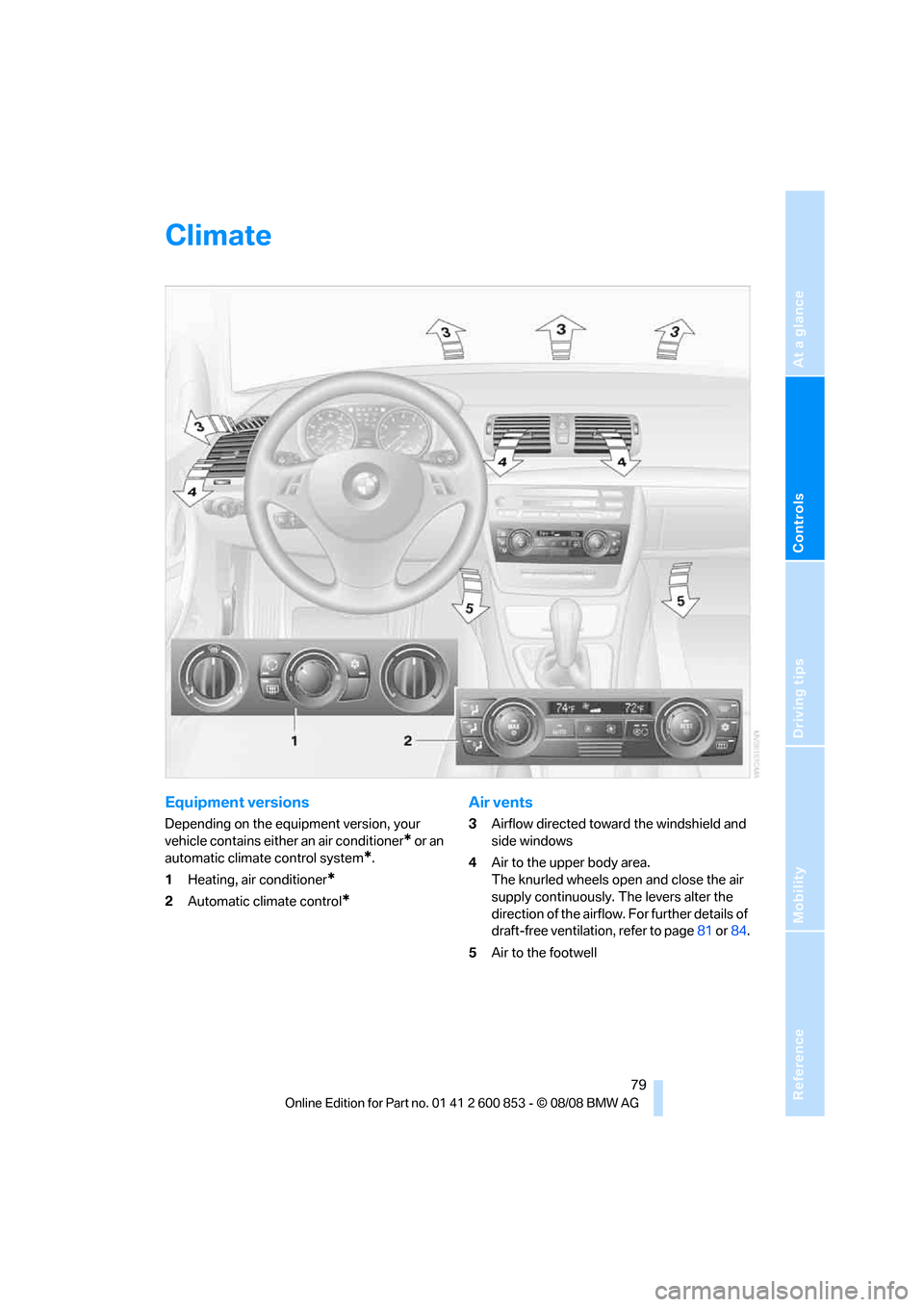 BMW 128I 2009 E81 Owners Manual Reference
At a glance
Controls
Driving tips
Mobility
 79
Climate
Equipment versions
Depending on the equipment version, your 
vehicle contains either an air conditioner
* or an 
automatic climate cont