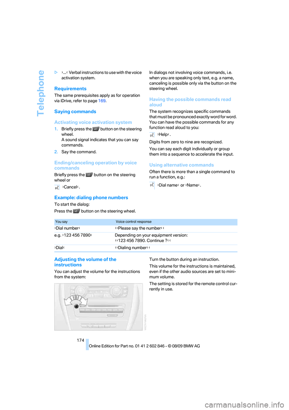 BMW 128I 2010 E81 Service Manual Telephone
174 >{...} Verbal instructions to use with the voice 
activation system.
Requirements
The same prerequisites apply as for operation 
via iDrive, refer to page169.
Saying commands
Activating 