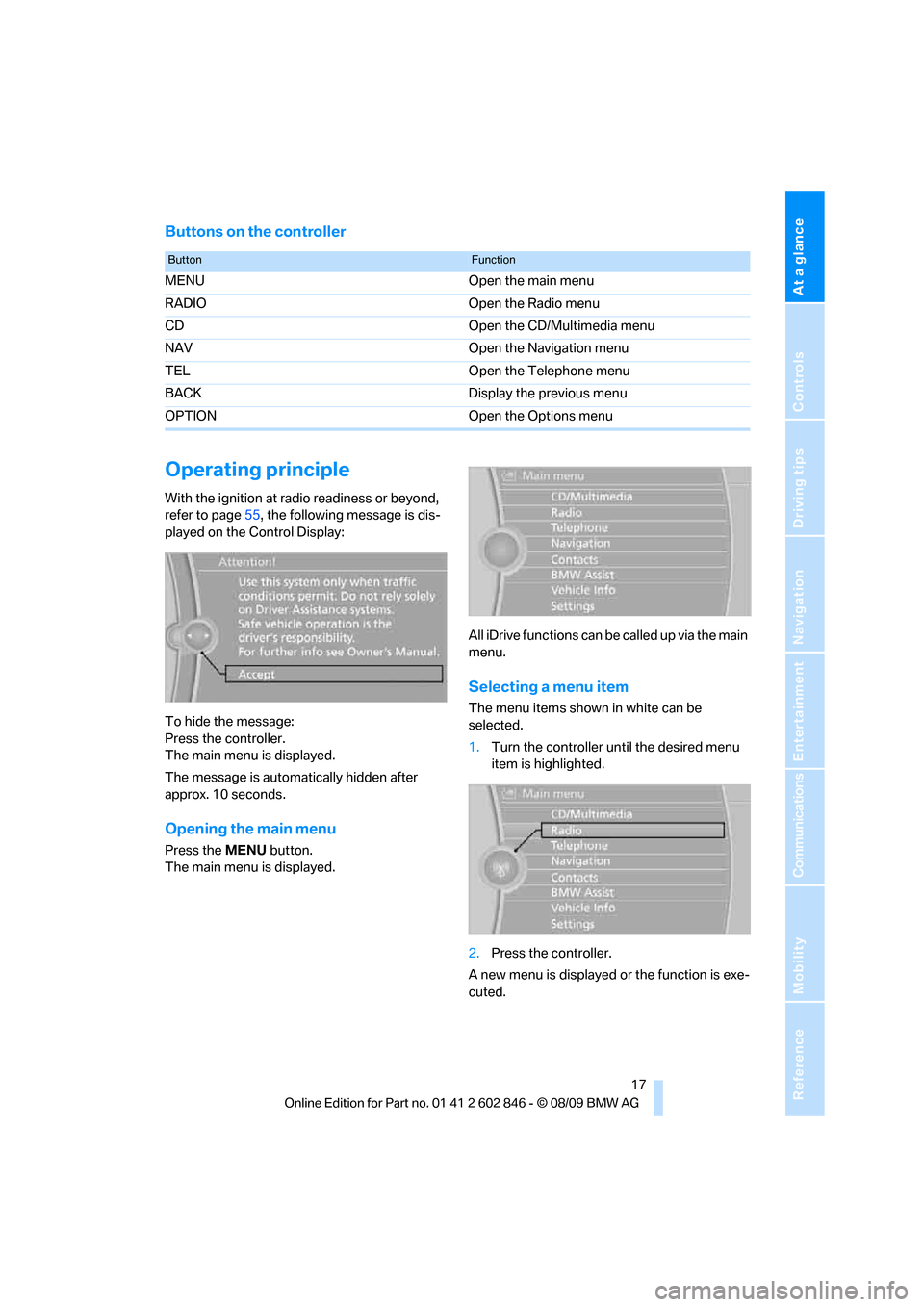 BMW 135I 2010 E81 Owners Manual At a glance
 17Reference
Controls
Driving tips
Communications
Navigation
Entertainment
Mobility
Buttons on the controller
Operating principle
With the ignition at radio readiness or beyond, 
refer to 