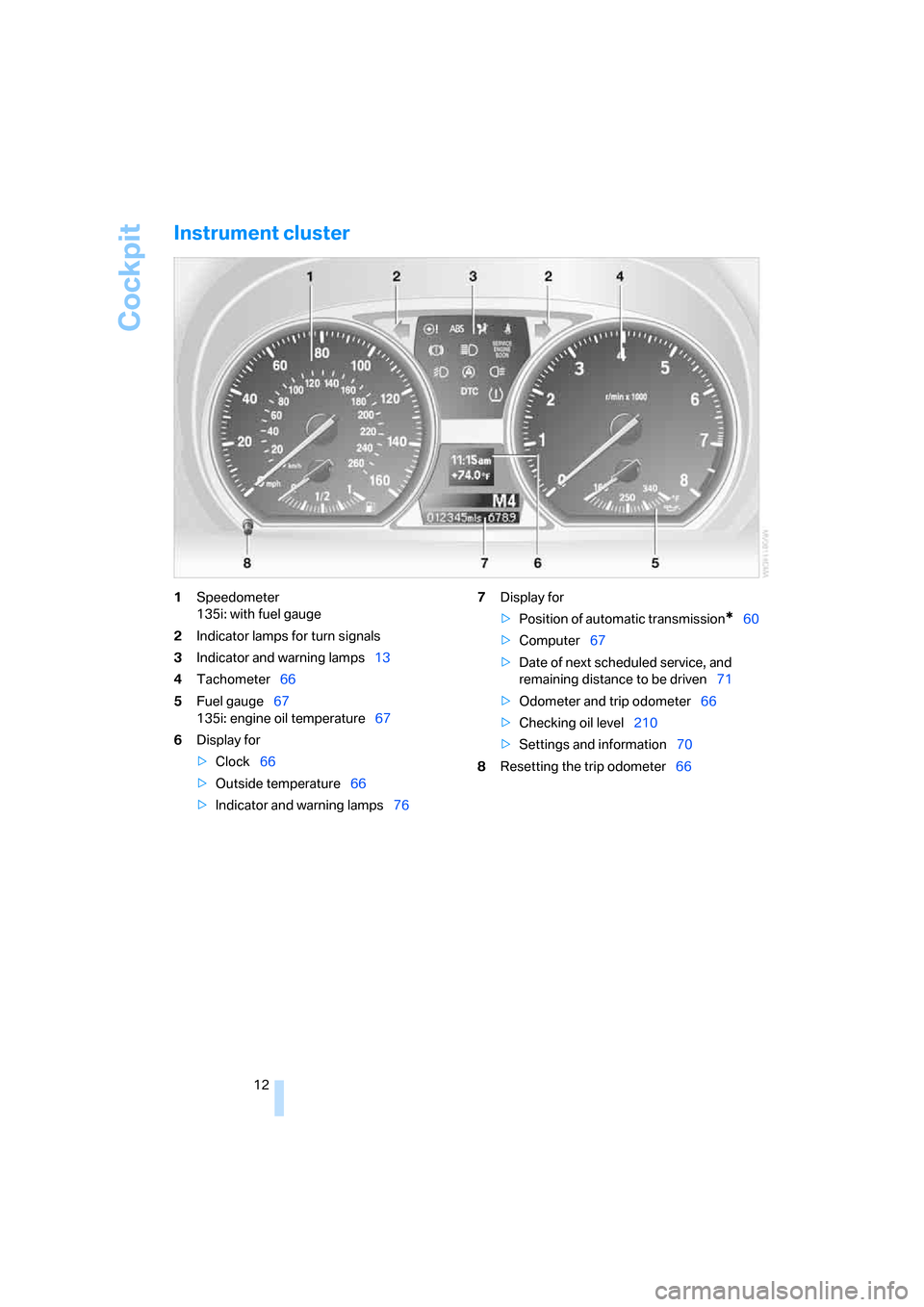 BMW 135I COUPE 2008 E82 Owners Manual Cockpit
12
Instrument cluster
1Speedometer
135i: with fuel gauge
2Indicator lamps for turn signals
3Indicator and warning lamps13
4Tachometer66
5Fuel gauge67
135i: engine oil temperature67
6Display fo