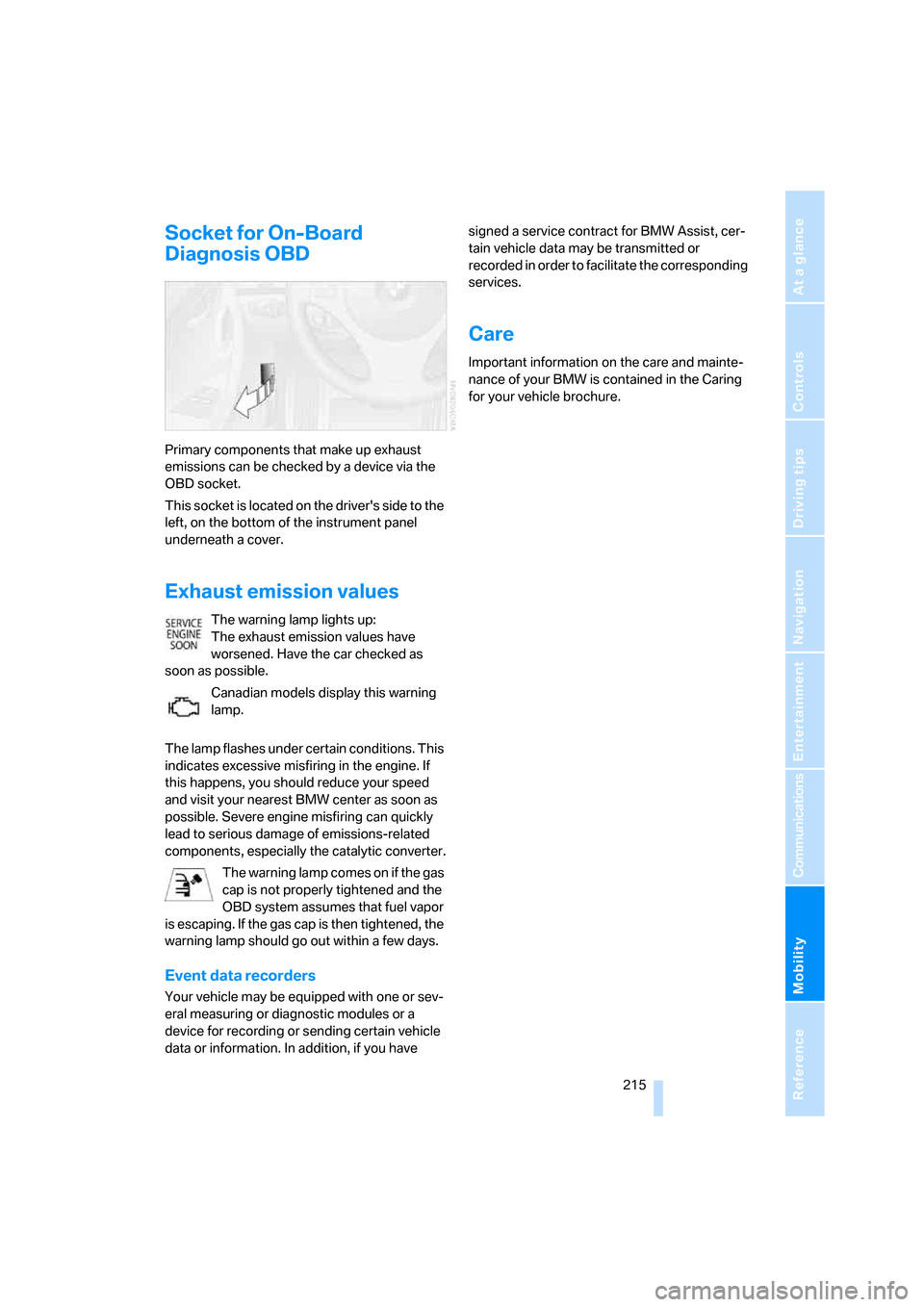 BMW 128I COUPE 2008 E82 Owners Manual Mobility
 215Reference
At a glance
Controls
Driving tips
Communications
Navigation
Entertainment
Socket for On-Board 
Diagnosis OBD
Primary components that make up exhaust 
emissions can be checked by