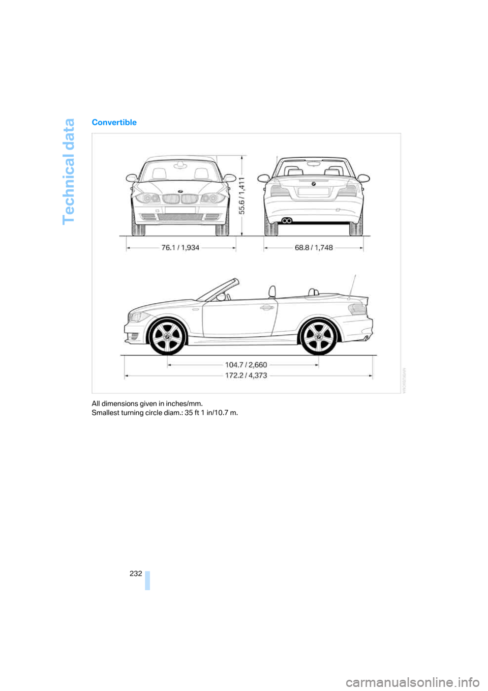 BMW 128I COUPE 2008 E82 Owners Manual Technical data
232
Convertible
All dimensions given in inches/mm. 
Smallest turning circle diam.: 35 ft 1 in/10.7 m. 