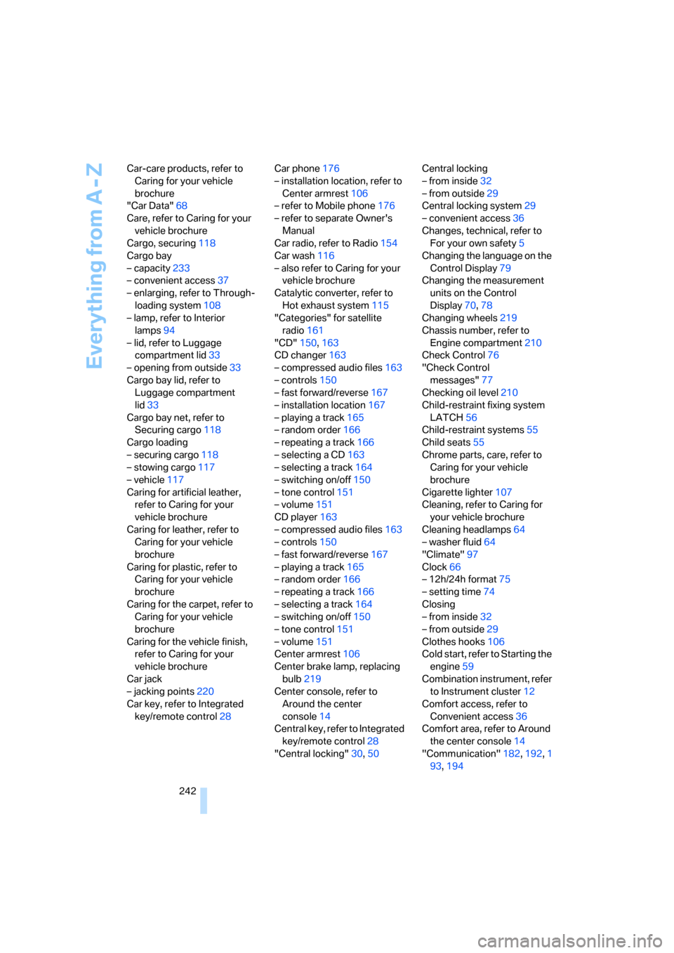BMW 135I COUPE 2008 E82 Service Manual Everything from A - Z
242 Car-care products, refer to 
Caring for your vehicle 
brochure
"Car Data"68
Care, refer to Caring for your 
vehicle brochure
Cargo, securing118
Cargo bay
– capacity233
– 