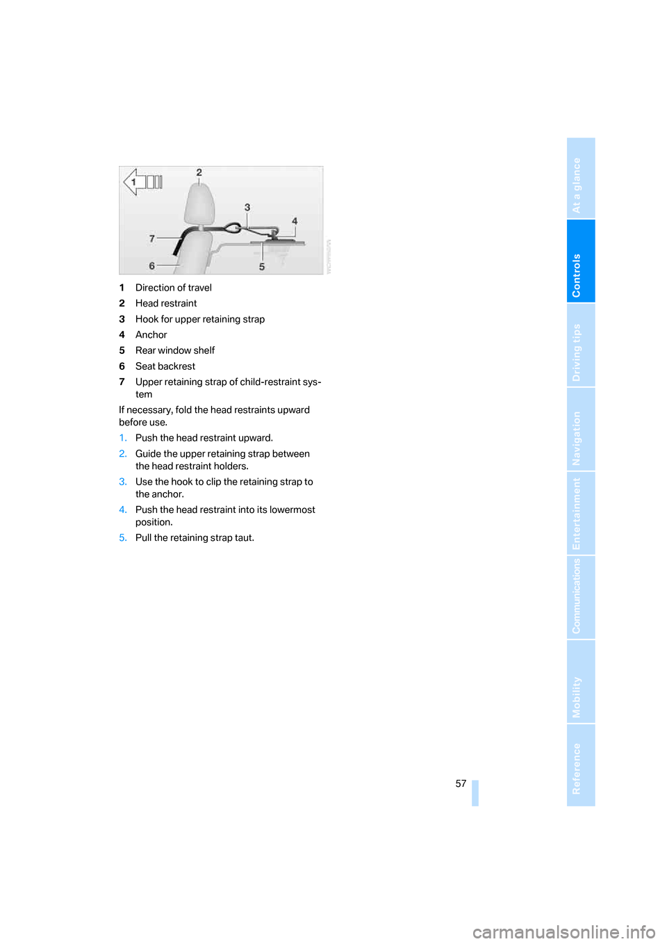 BMW 135I COUPE 2008 E82 Workshop Manual Controls
 57Reference
At a glance
Driving tips
Communications
Navigation
Entertainment
Mobility
1Direction of travel
2Head restraint
3Hook for upper retaining strap
4Anchor
5Rear window shelf
6Seat ba
