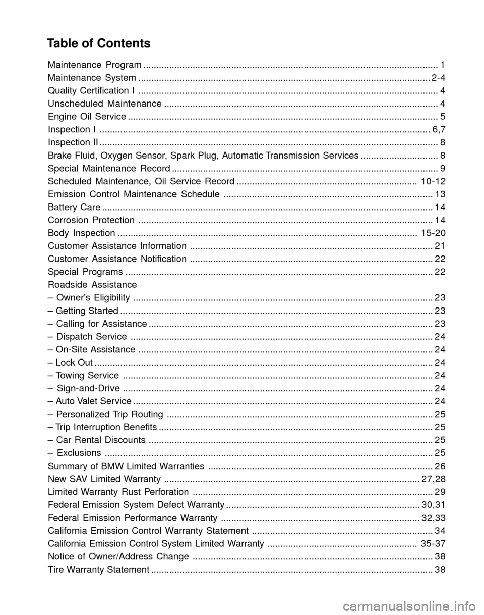 BMW X3 2004 E83 Service and warranty information Table of Contents
Maintenance Program.................................................................................................................. 1
Maintenance System............................ BMW X3 2004 E83 Service and warranty information Table of Contents
Maintenance Program.................................................................................................................. 1
Maintenance System............................