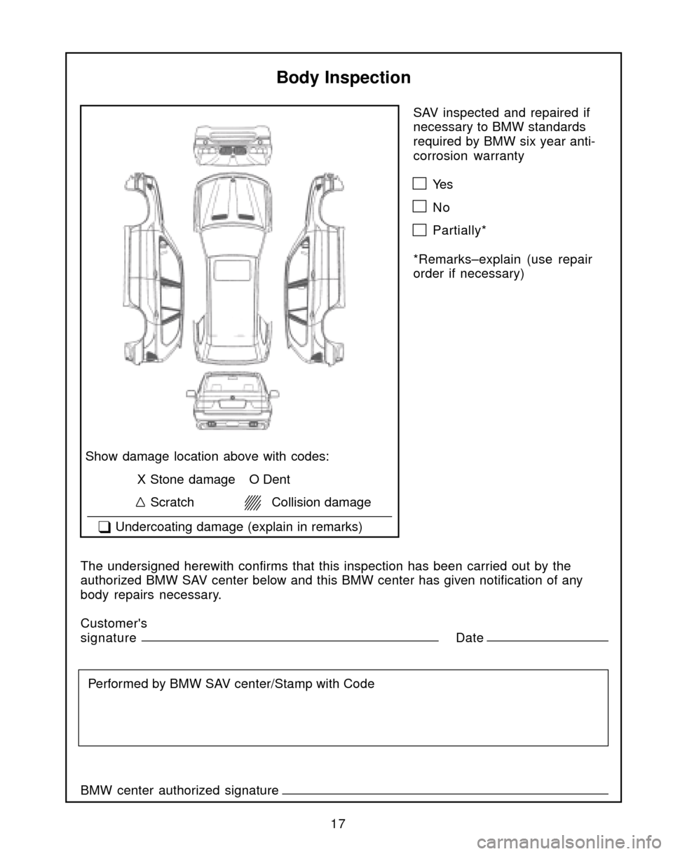 BMW X3 2004 E83 Service and warranty information 17SAV inspected and repaired if
necessary to BMW standards
required by BMW six year anti-
corrosion warranty
Ye s
No
Partially*
*Remarks–explain (use repair
order if necessary)
Body Inspection
Show BMW X3 2004 E83 Service and warranty information 17SAV inspected and repaired if
necessary to BMW standards
required by BMW six year anti-
corrosion warranty
Ye s
No
Partially*
*Remarks–explain (use repair
order if necessary)
Body Inspection
Show