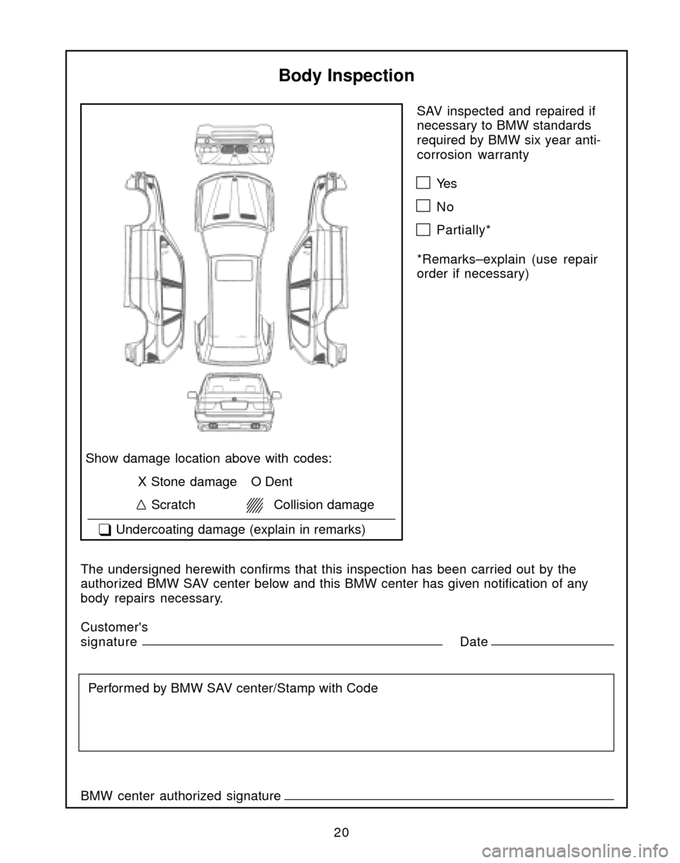 BMW X3 2004 E83 Service and warranty information 20SAV inspected and repaired if
necessary to BMW standards
required by BMW six year anti-
corrosion warranty
Ye s
No
Partially*
*Remarks–explain (use repair
order if necessary)
Body Inspection
Show BMW X3 2004 E83 Service and warranty information 20SAV inspected and repaired if
necessary to BMW standards
required by BMW six year anti-
corrosion warranty
Ye s
No
Partially*
*Remarks–explain (use repair
order if necessary)
Body Inspection
Show