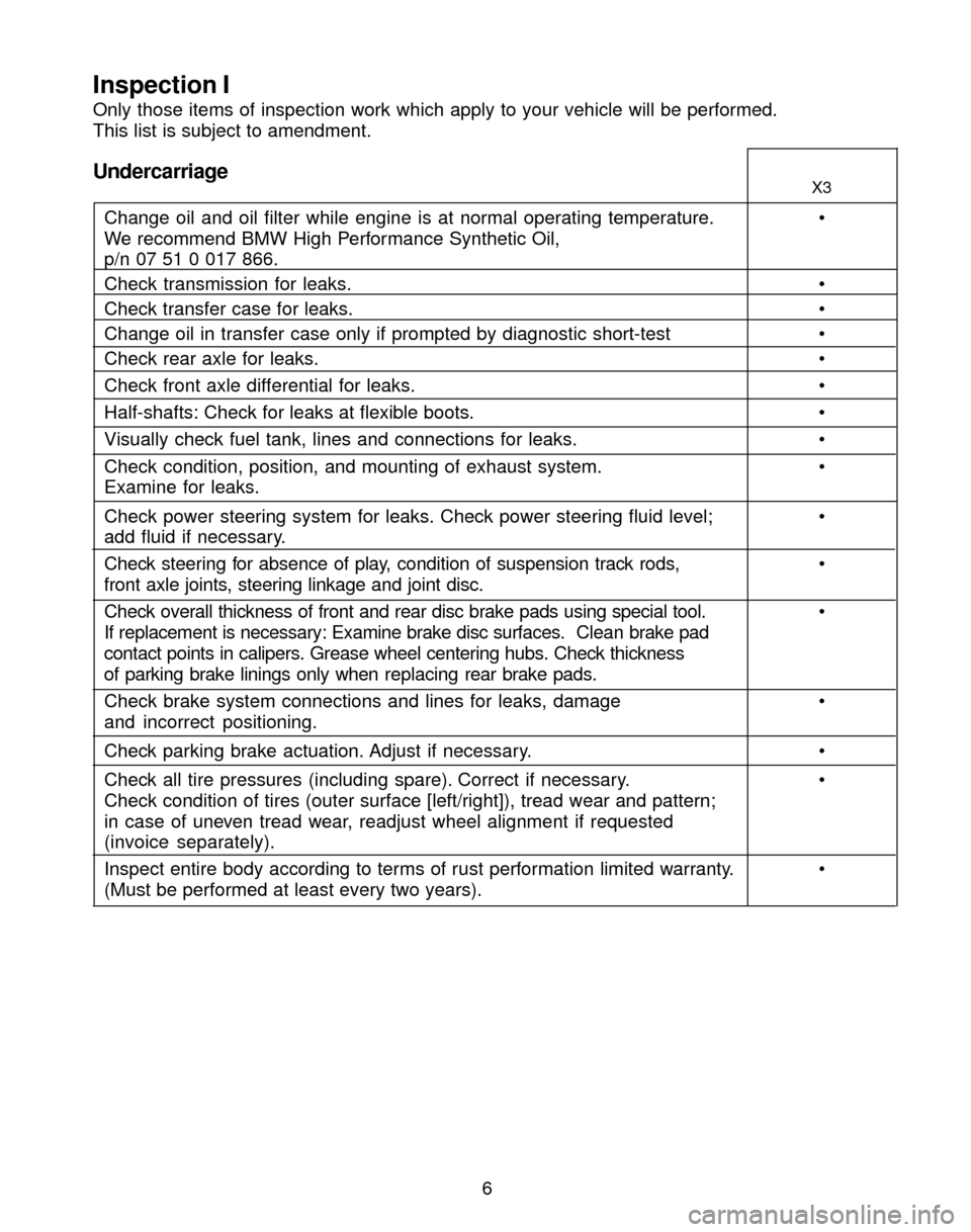 BMW X3 2004 E83 Service and warranty information 6
Inspection I
Only those items of inspection work which apply to your vehicle will be performed.
This list is subject to amendment.
UndercarriageX3
Change oil and oil filter while engine is at normal