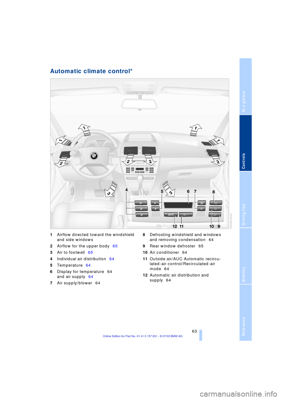 BMW X3 3.0I 2004 E83 Owners Manual Reference
At a glance
Controls
Driving tips
Mobility
 63
Automatic climate control*
1Airflow directed toward the windshield 
and side windows
2Airflow for the upper body65
3Air to footwell65
4Individu