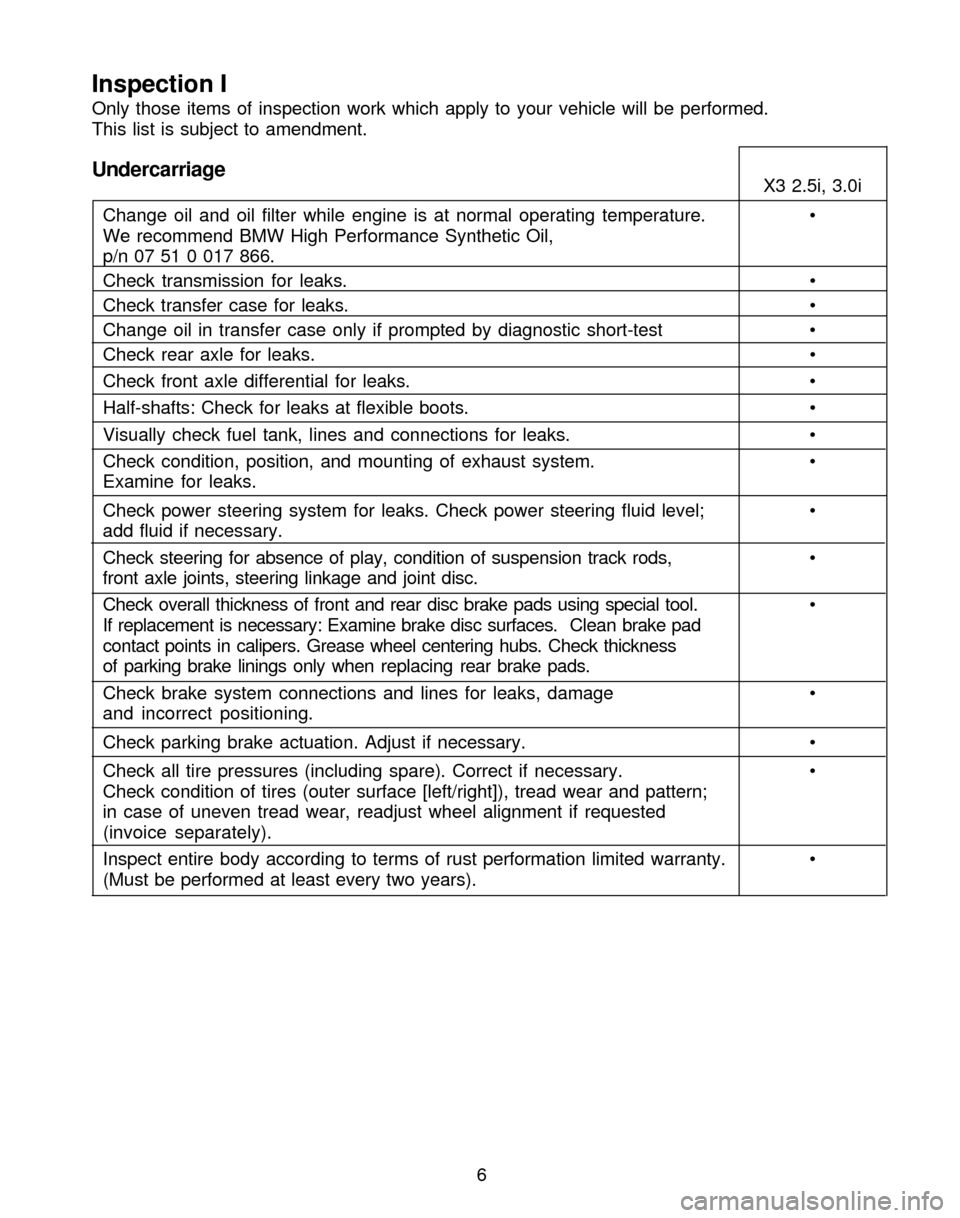 BMW X3 2005 E83 Service and warranty information 6
Inspection I
Only those items of inspection work which apply to your vehicle will be performed.
This list is subject to amendment.
UndercarriageX3 2.5i, 3.0i
Change oil and oil filter while engine i BMW X3 2005 E83 Service and warranty information 6
Inspection I
Only those items of inspection work which apply to your vehicle will be performed.
This list is subject to amendment.
UndercarriageX3 2.5i, 3.0i
Change oil and oil filter while engine i