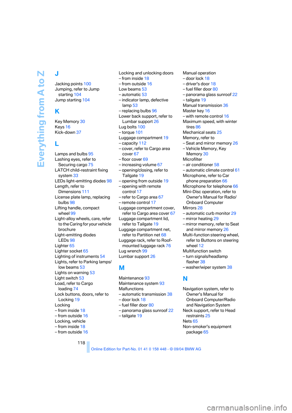 BMW X3 2.5I 2005 E83 Owners Manual Everything from A to Z
118
J
Jacking points100
Jumping, refer to Jump 
starting104
Jump starting104
K
Key Memory30
Keys16
Kick-down37
L
Lamps and bulbs95
Lashing eyes, refer to 
Securing cargo75
LATCH