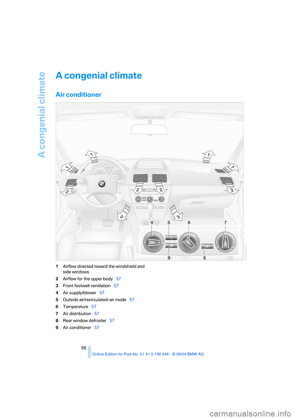 BMW X3 3.0I 2005 E83 Workshop Manual A congenial climate
56
A congenial climate
Air conditioner
1Airflow directed toward the windshield and
side windows
2Airflow for the upper body57
3Front footwell ventilation57
4Air supply/blower57
BMW X3 3.0I 2005 E83 Workshop Manual A congenial climate
56
A congenial climate
Air conditioner
1Airflow directed toward the windshield and
side windows
2Airflow for the upper body57
3Front footwell ventilation57
4Air supply/blower57