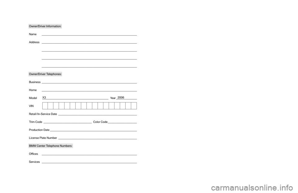 BMW X3 2006 E83 Service and warranty information Owner/Driver Information:
Name _____________________________________________________________________
Address _____________________________________________________________________
_____________________