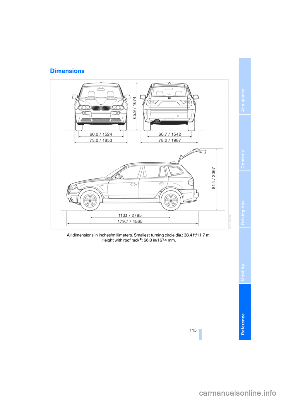 BMW X3 2.5I 2006 E83 Owners Manual Reference
At a glance
Controls
Driving tips
Mobility
 115
Dimensions
All dimensions in inches/millimeters. Smallest turning circle dia.: 38.4 ft/11.7 m. 
Height with roof rack
*: 66.0 in/1674 mm. 