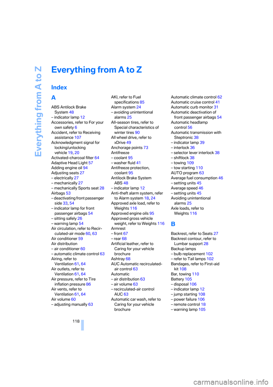 BMW X3 2.5I 2006 E83 Owners Manual Everything from A to Z
118
Everything from A to Z
Index
A
ABS Antilock Brake 
System48
– indicator lamp12
Accessories, refer to For your 
own safety6
Accident, refer to Receiving 
assistance107
Ackn