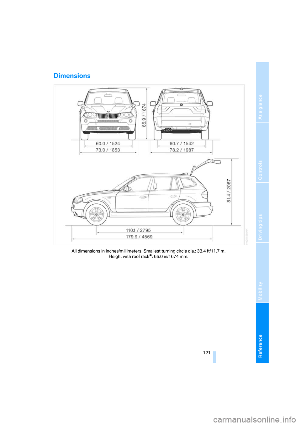 BMW X3 3.0I 2007 E83 Owners Manual Reference
At a glance
Controls
Driving tips
Mobility
121
Dimensions
All dimensions in inches/millimeters. Smallest turning circle dia.: 38.4 ft/11.7 m.
Height with roof rack
*: 66.0 in/1674 mm. BMW X3 3.0I 2007 E83 Owners Manual Reference
At a glance
Controls
Driving tips
Mobility
121
Dimensions
All dimensions in inches/millimeters. Smallest turning circle dia.: 38.4 ft/11.7 m.
Height with roof rack
*: 66.0 in/1674 mm.